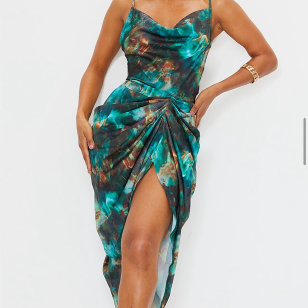 Green Print Satin Strappy Cowl Neck Side Gathered Midi Dress - NWT